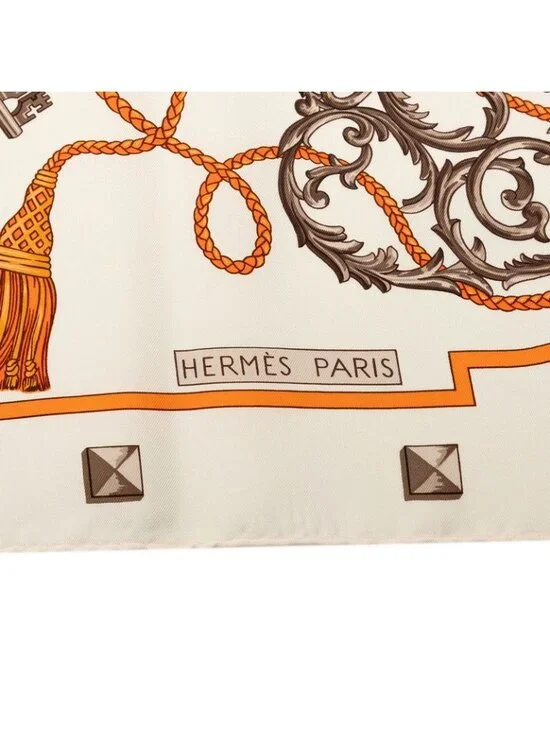 Hermes Carre 90 les Cles Key Scarf White Orange Silk - Picture 5 of 7